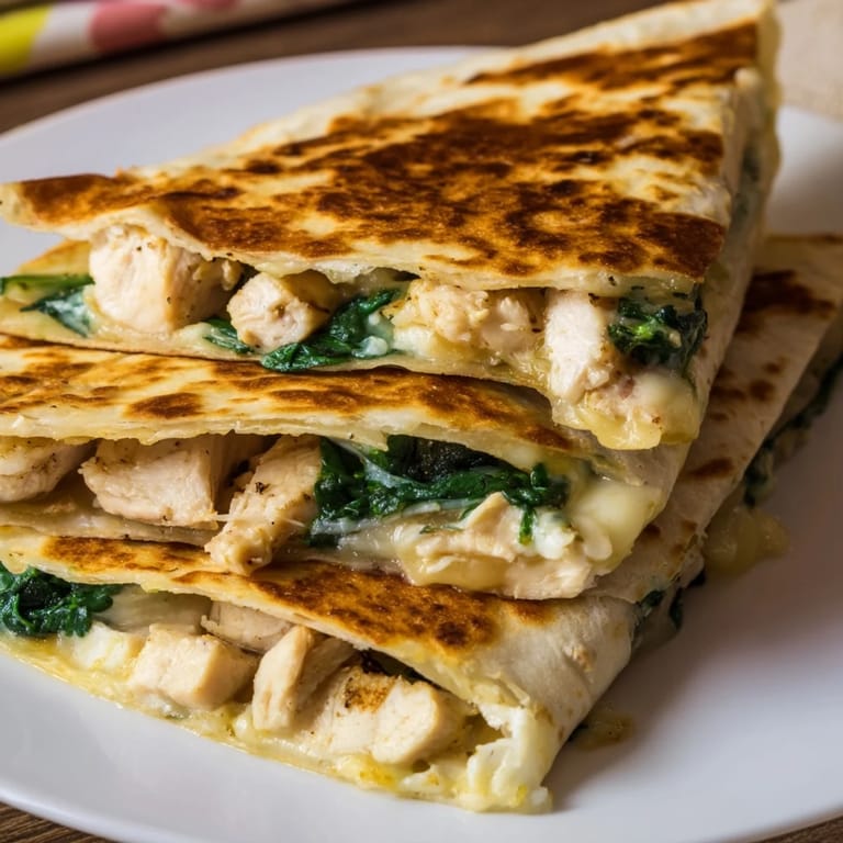 A close-up of a flavorful Chicken and Spinach Quesadilla, perfectly grilled and packed with filling.