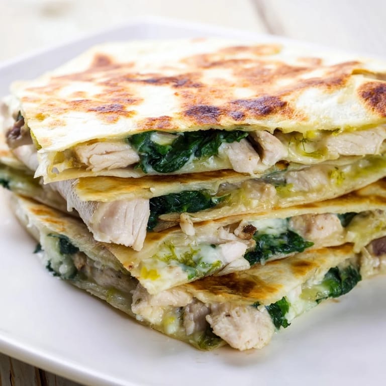 Warm, cheesy Chicken and Spinach Quesadilla, served with salsa and ready for a delicious lunch.
