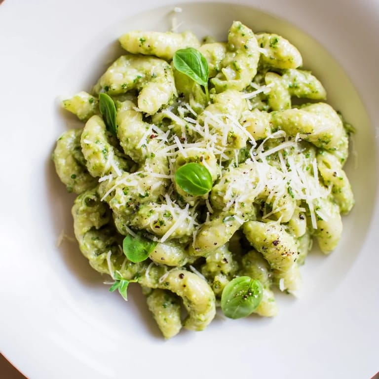 Bowl of Creamy Avocado Pesto Mac, topped with grated Parmesan and fresh basil leaves, ready to eat.