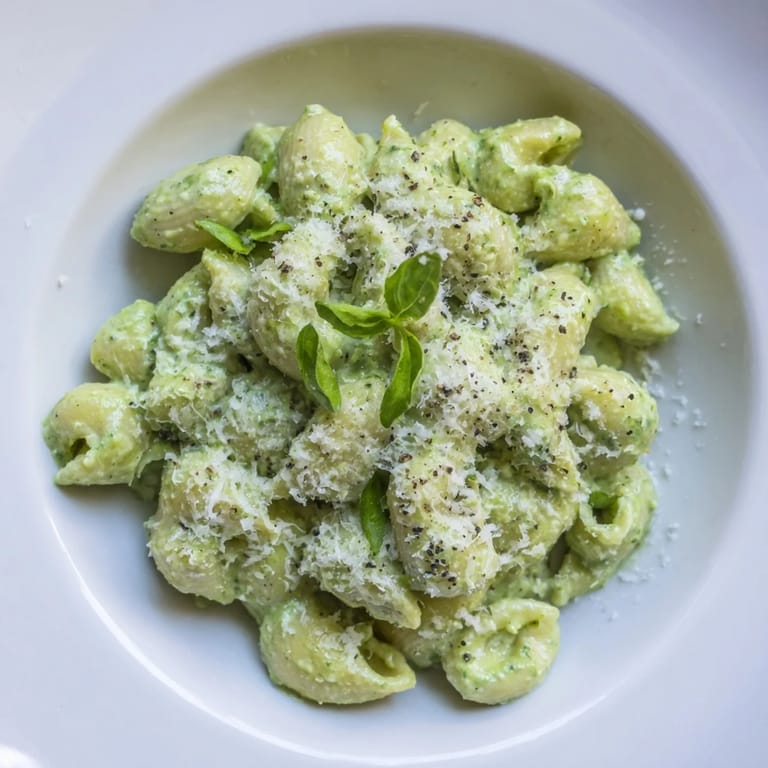 Close-up of Creamy Avocado Pesto Mac; bright green pesto sauce coats perfectly cooked pasta for lunch.