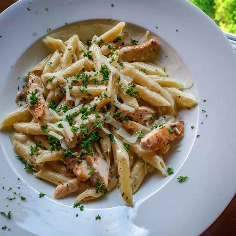 Golden-brown Roasted Garlic Chicken Penne with Parmesan cheese, ready to serve as a satisfying main dish.