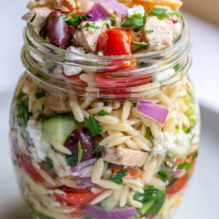 Freshly assembled Greek Pasta Chicken Salad Jars feature savory chicken, olives, and a bright vinaigrette dressing.