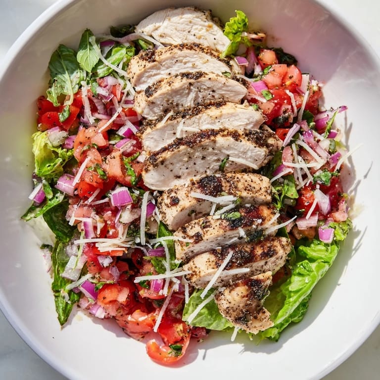 A close-up of a flavorful Bruschetta Chicken Salad, bursting with the colors of summer ingredients.
