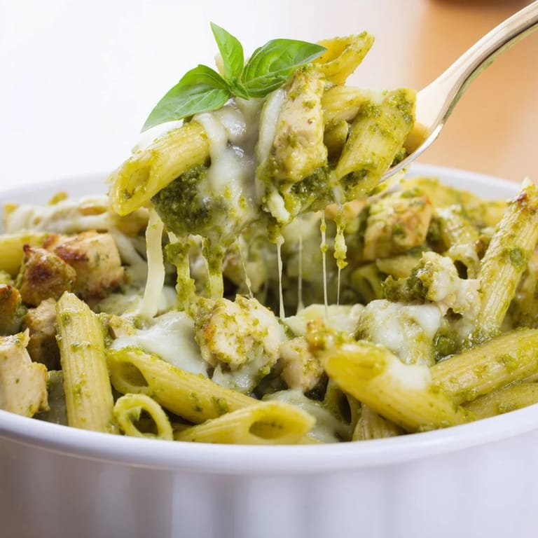 A close-up of steaming Pesto Chicken Pasta Bake, showing the creamy texture and flavorful, baked cheese topping.
