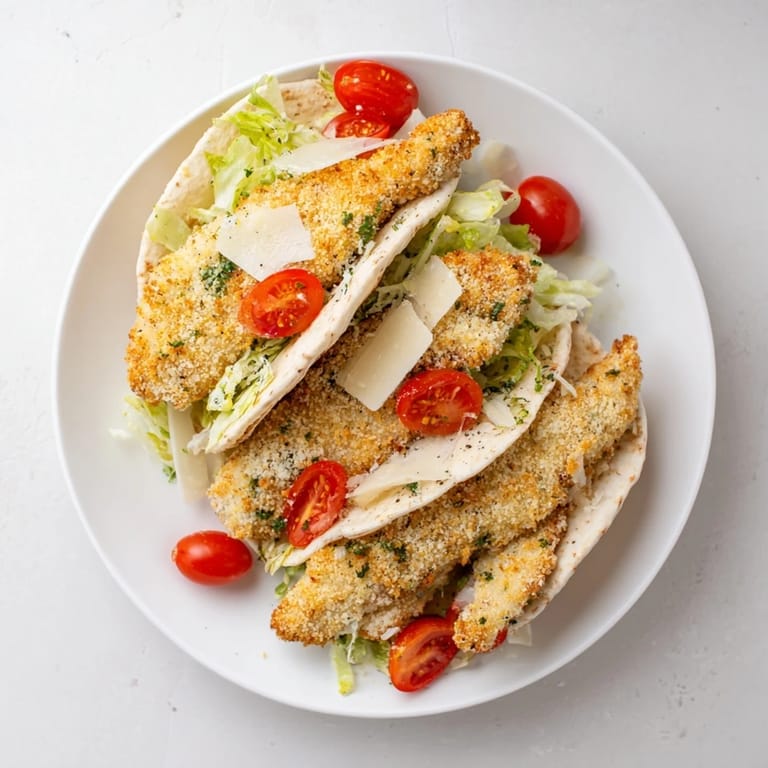 Imagine a close-up of delicious Crispy Herbed Chicken Caesar Pitas, perfect for a satisfying lunch or dinner.