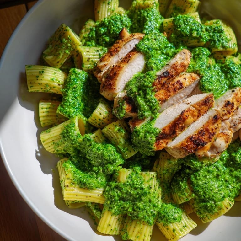 Bright Chimichurri Chicken Pasta, ready to serve, showcases perfectly cooked pasta and savory chicken.