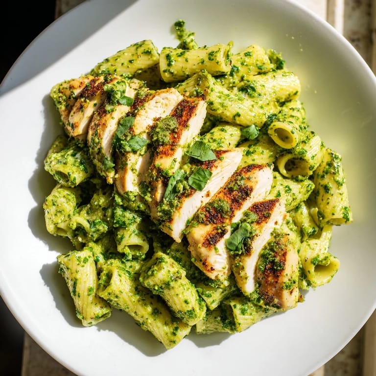 Delicious Chimichurri Chicken Pasta with fresh herbs, a delightful fusion ready for your dinner table tonight.