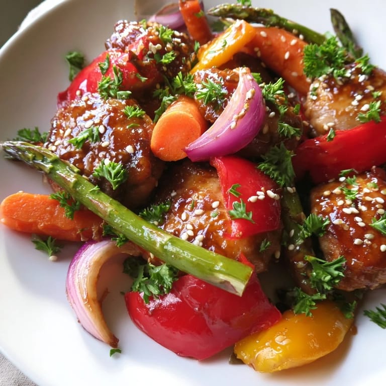 This Sheet Pan Honey Garlic Chicken & Veg boasts tender chicken pieces and perfectly caramelized bell peppers.