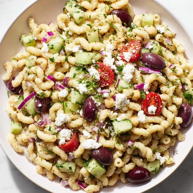 Close-up of freshly made Lemon Herb Chickpea Pasta Salad, bursting with colorful Mediterranean flavors.