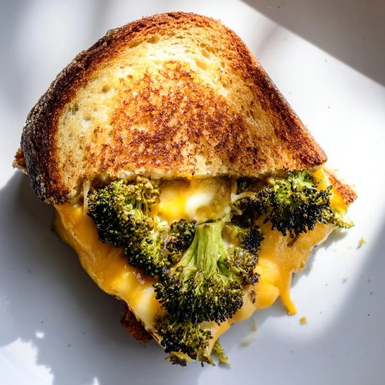 A close-up of a flavorful Roasted Broccoli & Cheddar Grilled Cheese, with oozing, melted cheddar cheese.