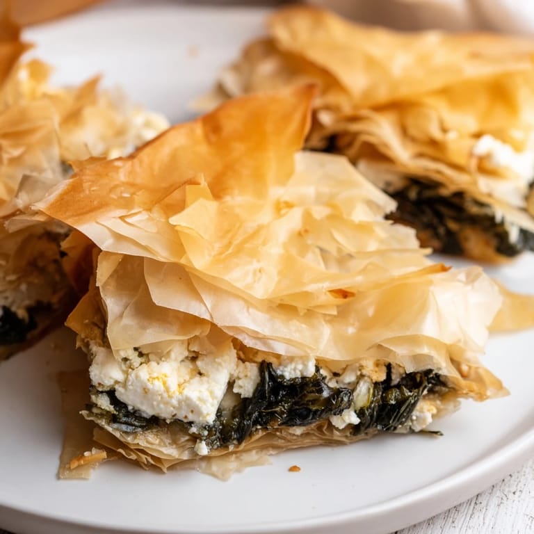 A close-up of a single slice of Feta and Kale Börek, highlighting the crisp filo pastry layers and textured kale and cheese mixture.
