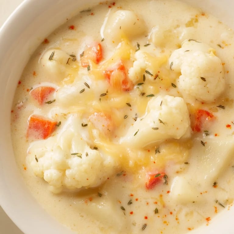 A close-up view of creamy Vegetarian Cauliflower Chowder featuring tender potatoes and carrots.
