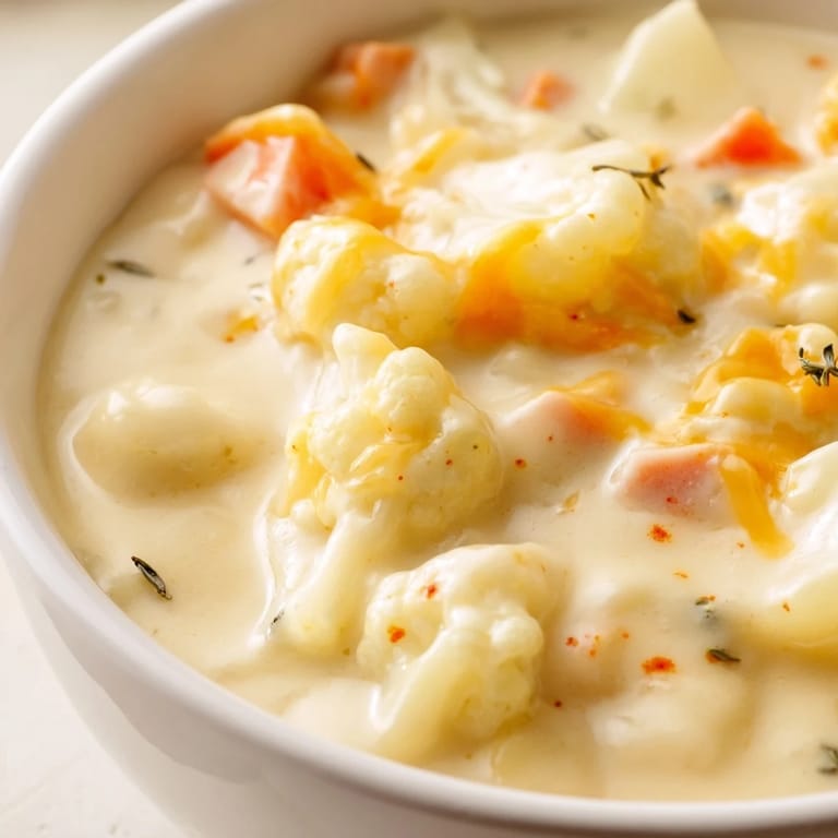 Serving suggestion for Vegetarian Cauliflower Chowder, ideal with crusty bread on the side.