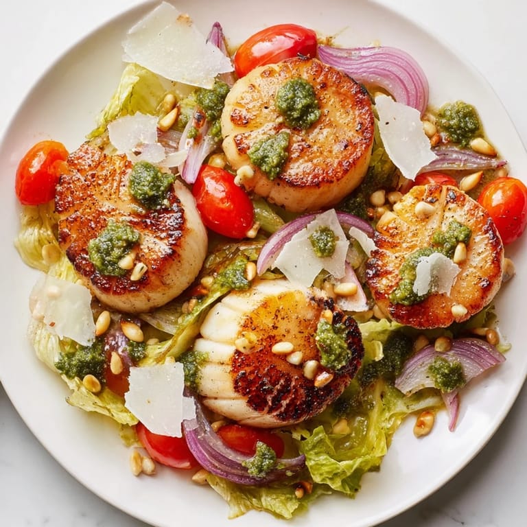 A close-up view of plump scallops over escarole salad with cherry tomatoes and pine nuts.
