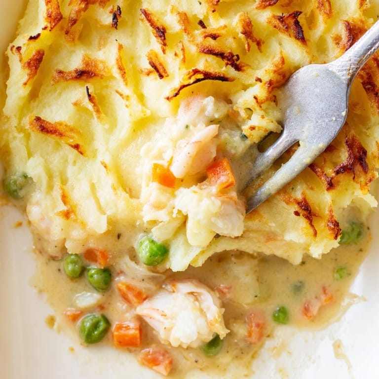 Rich curry and turmeric flavors steam from the golden potato crust of this savory, hearty fish pie, ready to serve.
