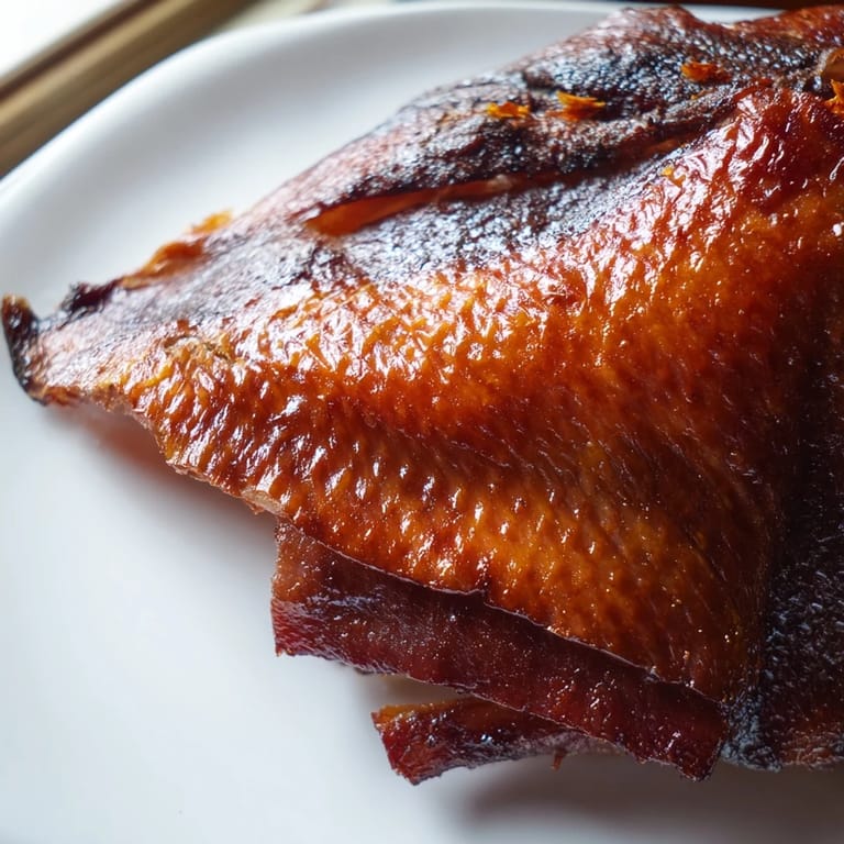 Perfectly crisp-skinned Five-Spice Roast Ducks ready to serve, garnished with fresh spring onions and a drizzle of pan juices for a romantic meal.