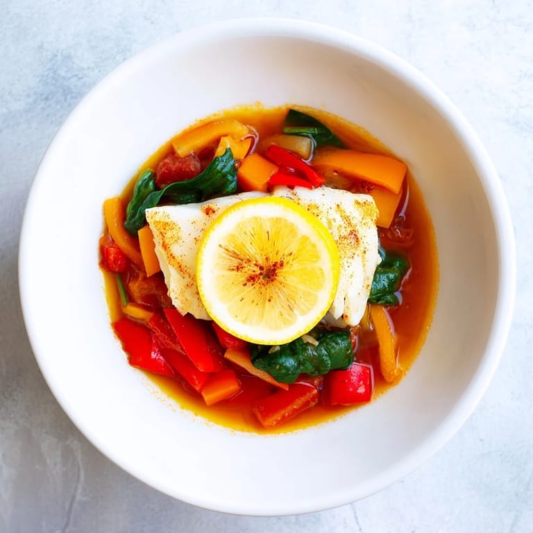 Flaky spiced cod fillets served hot from the pot, with colorful peppers and wilted spinach, ready to be enjoyed with crusty bread.