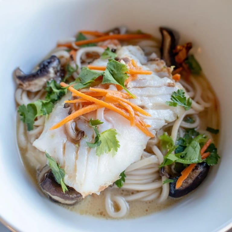 This fragrant bowl of Poached Cod With Spiced Coconut Broth and Udon Noodles showcases silky noodles and warm spices in a creamy, dairy-free broth.