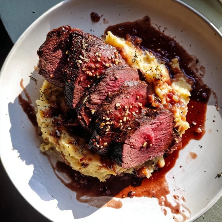 Hearty venison steaks served over creamy crushed swede, garnished with thyme and caraway, with a small pitcher of red wine sauce nearby on a checkered tablecloth.