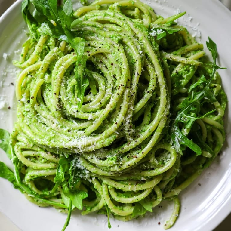 Freshly blended arugula and cottage cheese create a bright, peppery pesto for this simple, protein-packed linguine recipe.