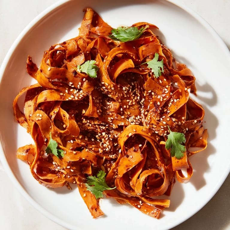 Savory Gochujang Swede Noodles served warm over rice noodles, with caramelized swede, spring onions, and sesame seeds, ideal for an easy, satisfying vegan weeknight dinner or meal prep.