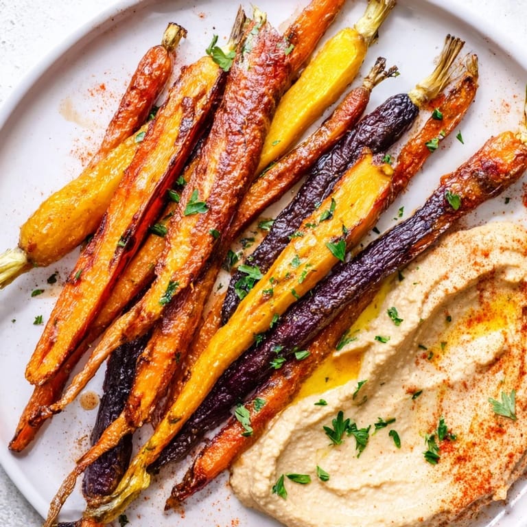 Colorful rainbow carrots and hummus appetizer garnished with fresh parsley.  