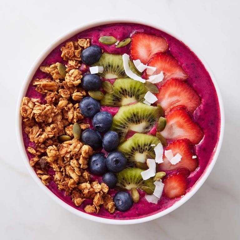 Thick and frosty Beet and Berry Smoothie Bowl layered with pumpkin seeds and fruit, perfect for an energizing morning meal.