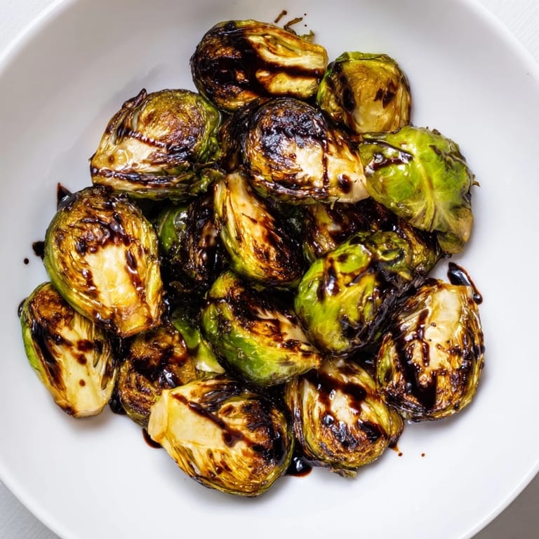 Close-up of caramelized Brussels sprouts with balsamic reduction, highlighting crispy edges for a flavorful accompaniment.