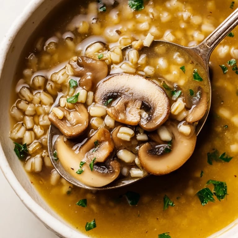 Hearty Mushroom and Barley Soup served in a ceramic mug, garnished with fresh parsley and a lemon wedge.