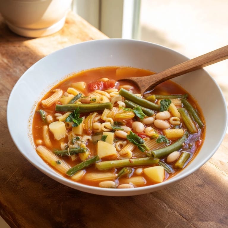 Close-up of homemade minestrone vegetable soup with a slice of crusty bread, showcasing savory broth and fresh basil on top.