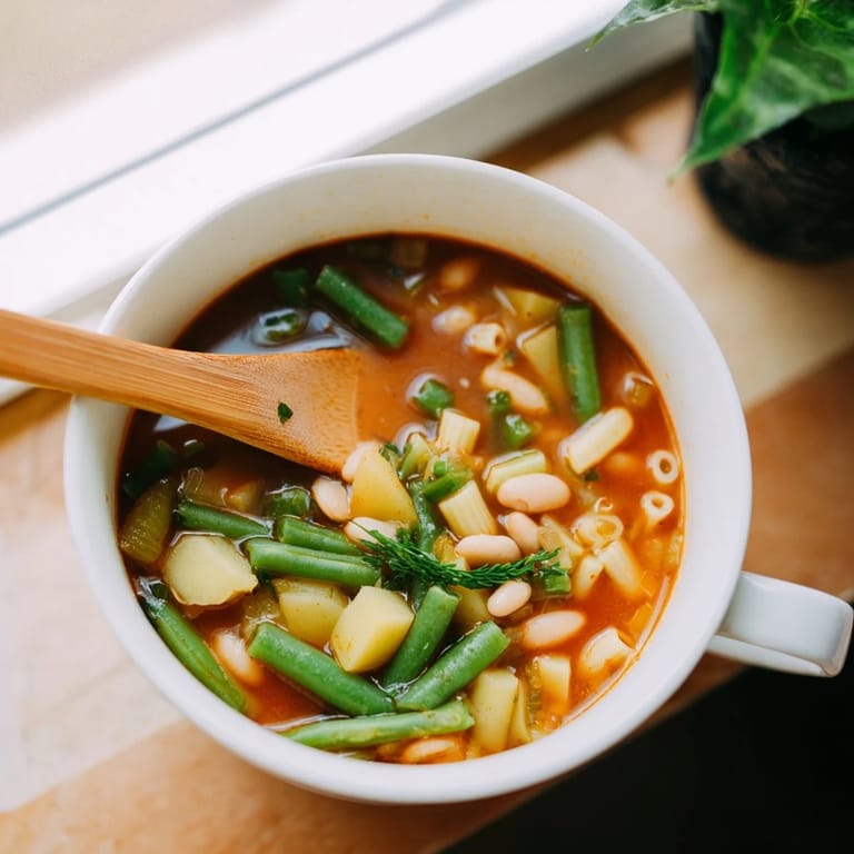 Steaming hot minestrone vegetable soup ladled from a large pot, featuring cannellini beans, zucchini, and carrots for a comforting Italian meal.  