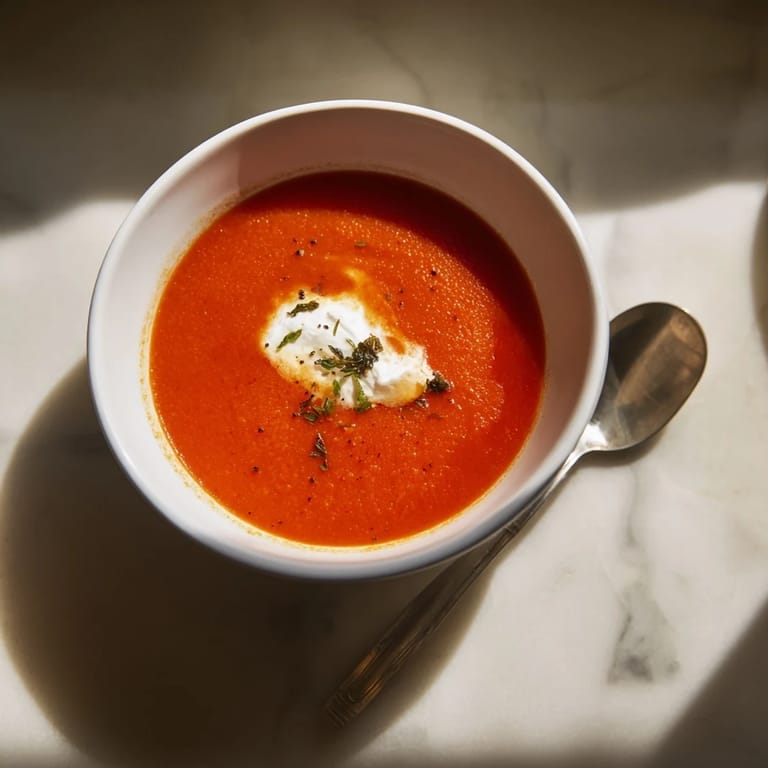 Bright orange Roasted Red Pepper Soup steaming in a ceramic bowl, topped with fresh cilantro and a dollop of yogurt, perfect for a light vegetarian meal.