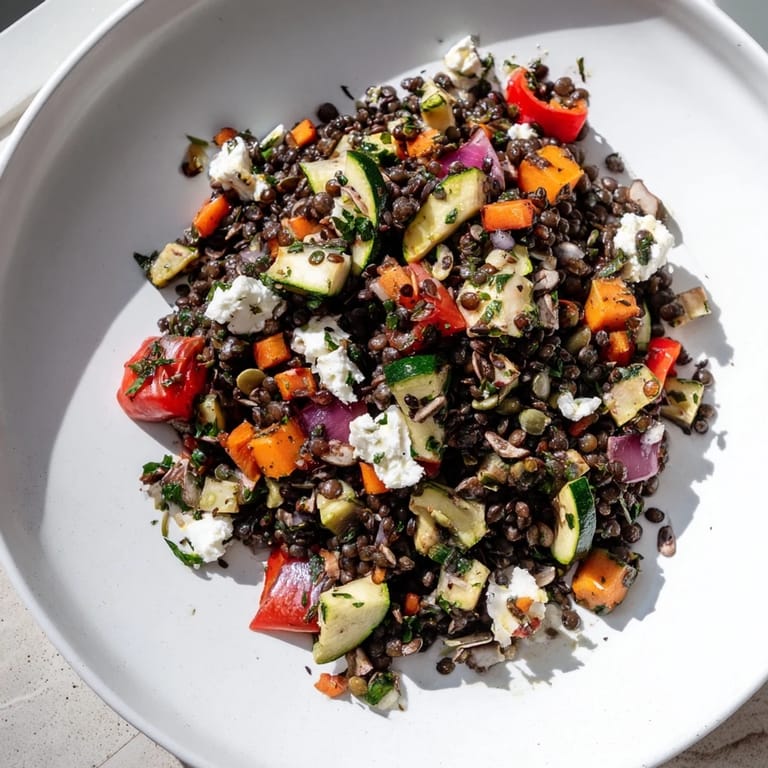 Wholesome Mediterranean Black Lentil Salad featuring tender lentils, caramelized vegetables, and pumpkin seeds, ready to serve as a healthy main dish.