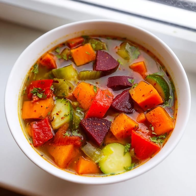 Vibrant chunks of garden-fresh vegetables float in a rich, savory broth, garnished with bright green parsley.  