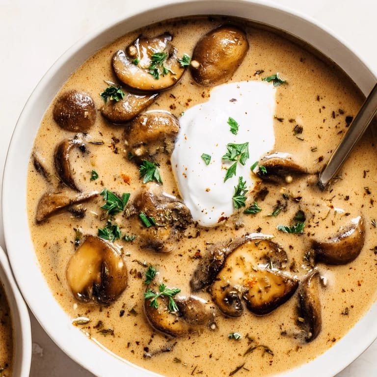 Vibrant, golden creamy mushroom stroganoff soup with sautéed mushrooms and herbs in a cozy kitchen setting.