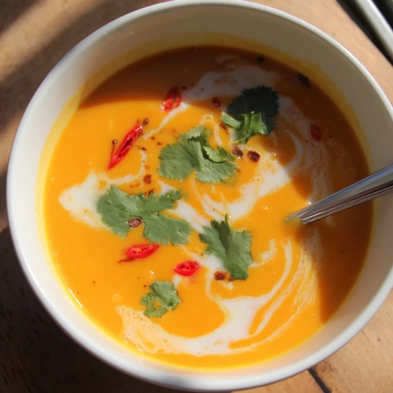 A close-up of the creamy, golden-orange Carrot, Celeriac and Chilli Soup in a rustic bowl, highlighting its smooth texture.  