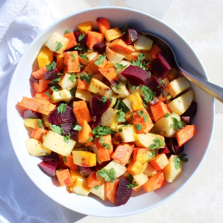 Heirloom carrots and parsnips in the Roasted Root Vegetable Medley, roasted until tender and served warm from the oven.