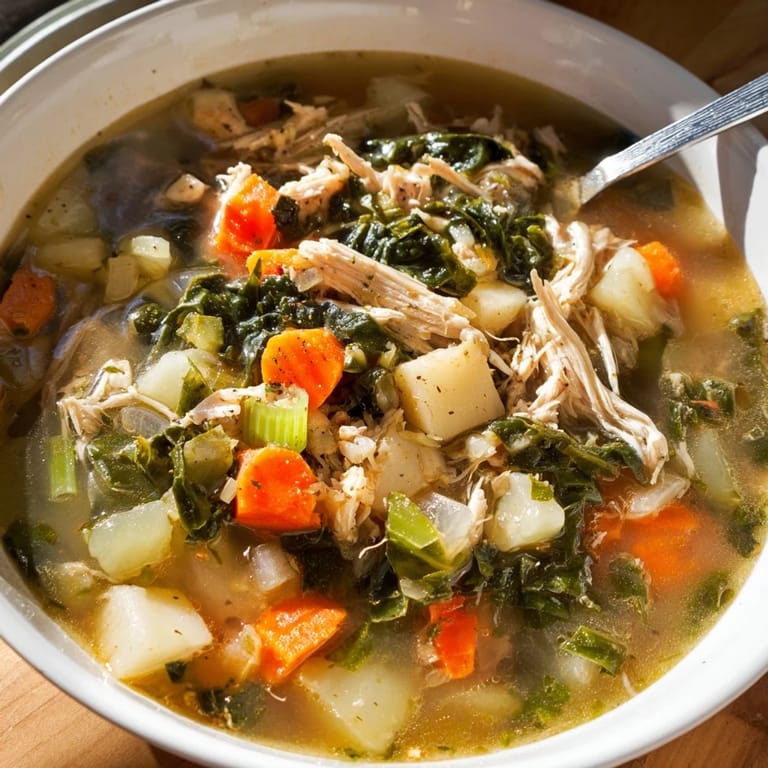 Warm and comforting Collard Greens, Chicken and Vegetable Soup served in a rustic bowl, perfect for a nourishing weeknight family dinner.