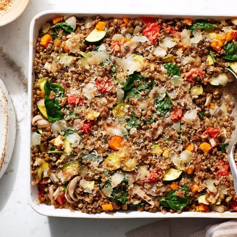 Hearty Green Lentil and Vegetable Casserole served in a rustic baking dish, topped with melted cheese and fresh herbs for a comforting vegetarian meal.