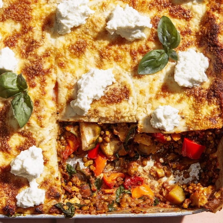 Serving of One-Pan Smoky Veggie Lentil Lasagne on a plate with a green salad and crusty bread.