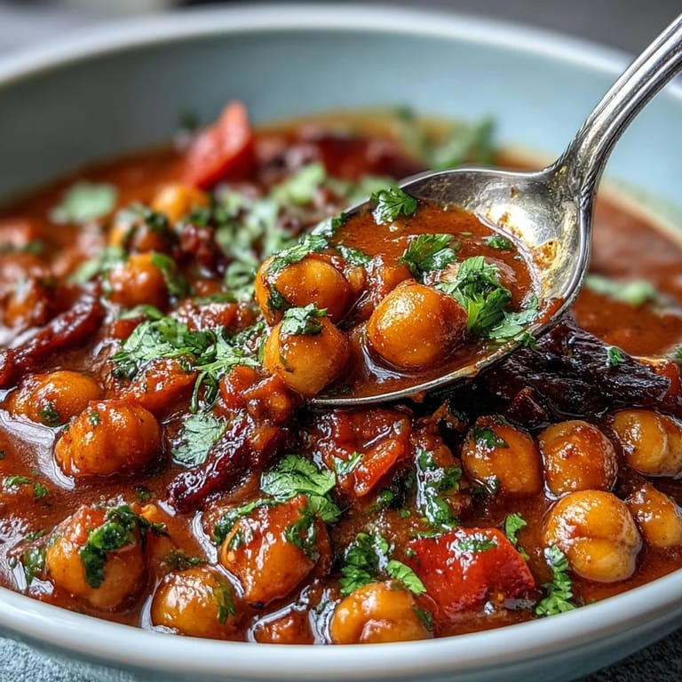 Vibrant spicy chickpea stew filling a pot, ready to be served with warm bread.