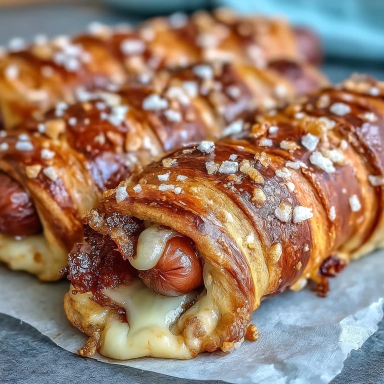A close-up of a Soft Baked Cheesy Pretzel Dog sliced to reveal the savory hot dog and gooey cheese inside.