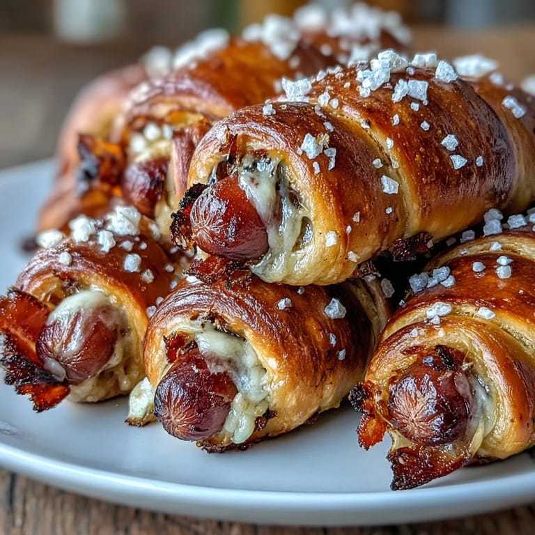 Two Soft Baked Cheesy Pretzel Dogs served on a platter with a side of yellow mustard for dipping.