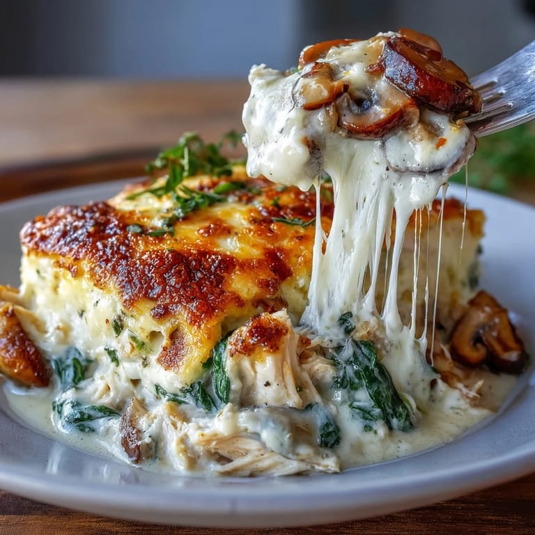 Freshly baked Chicken Spinach & Mushroom Low Carb Oven Dish with melted mozzarella and parmesan, served hot from the oven for a low-carb meal.