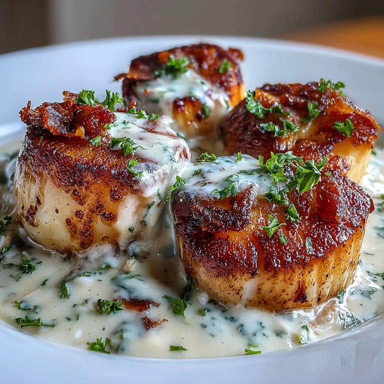 Plump sea scallops with a caramelized crust, smothered in a velvety, peppery Cajun Parmesan sauce for an impressive main dish.  