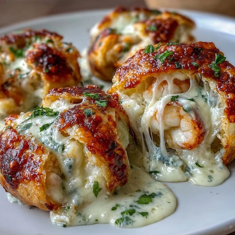 A close-up of baked Cheesy Seafood Tortilla Bombs reveals flaky tortilla crusts and a rich, cheesy seafood filling.