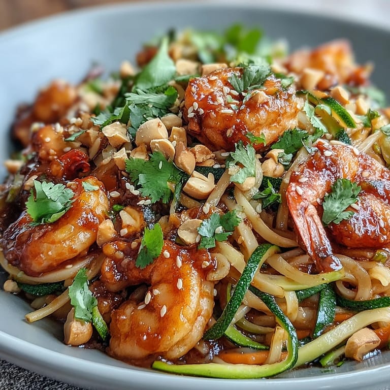Delicious Asian Noodle Bowl, showcasing colorful vegetables and shrimp in a flavorful lime-sesame dressing.