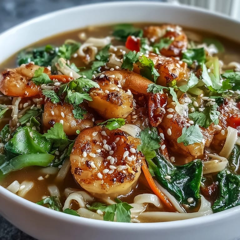 This hearty Asian Noodle Bowl promises tender shrimp, crisp veggies, and savory broth.