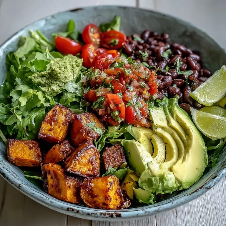 Sweet Potato and Black Bean Bowl with creamy avocado slices and a zesty lime dressing, perfect for a healthy meal.