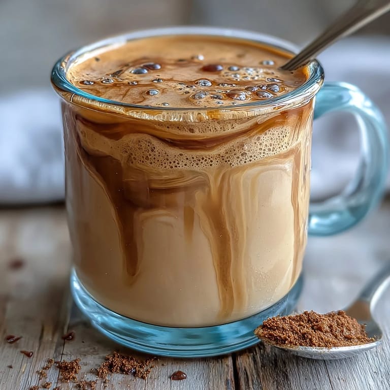 Earthy roasted green tea Hojicha Latte with Vanilla Extract in a cozy mug, paired with a small maple syrup bottle on a wooden table.